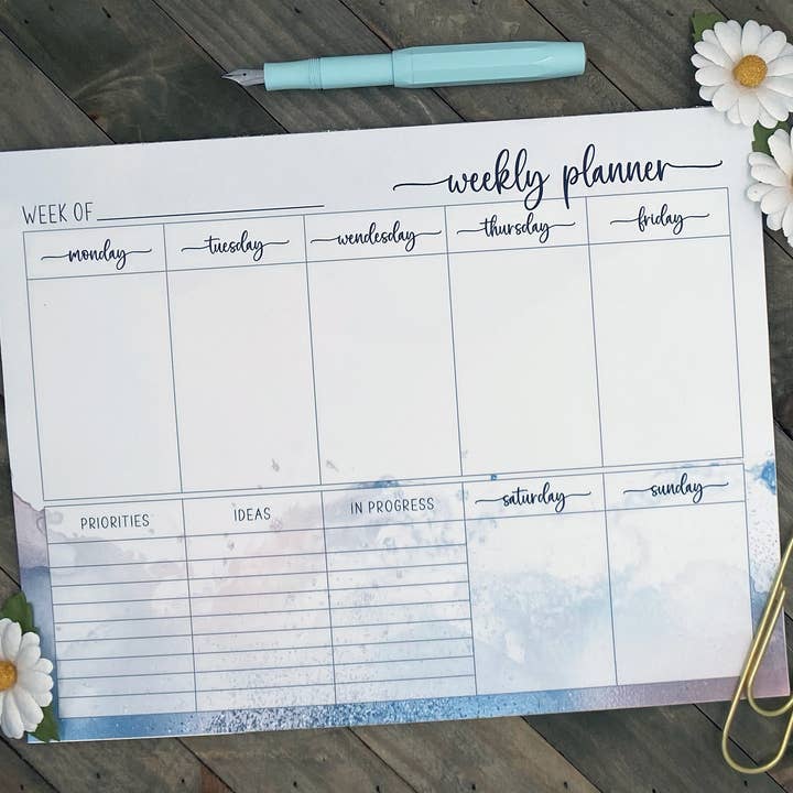 Bloc-notes semainier aquarelle rose poussiéreux et bleu pour la vente par Heather Link Designs