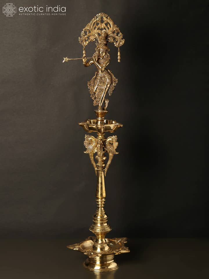 29" Brass Ten Wicks Lord Krishna Designer Lamp for wholesale by Exotic India Art