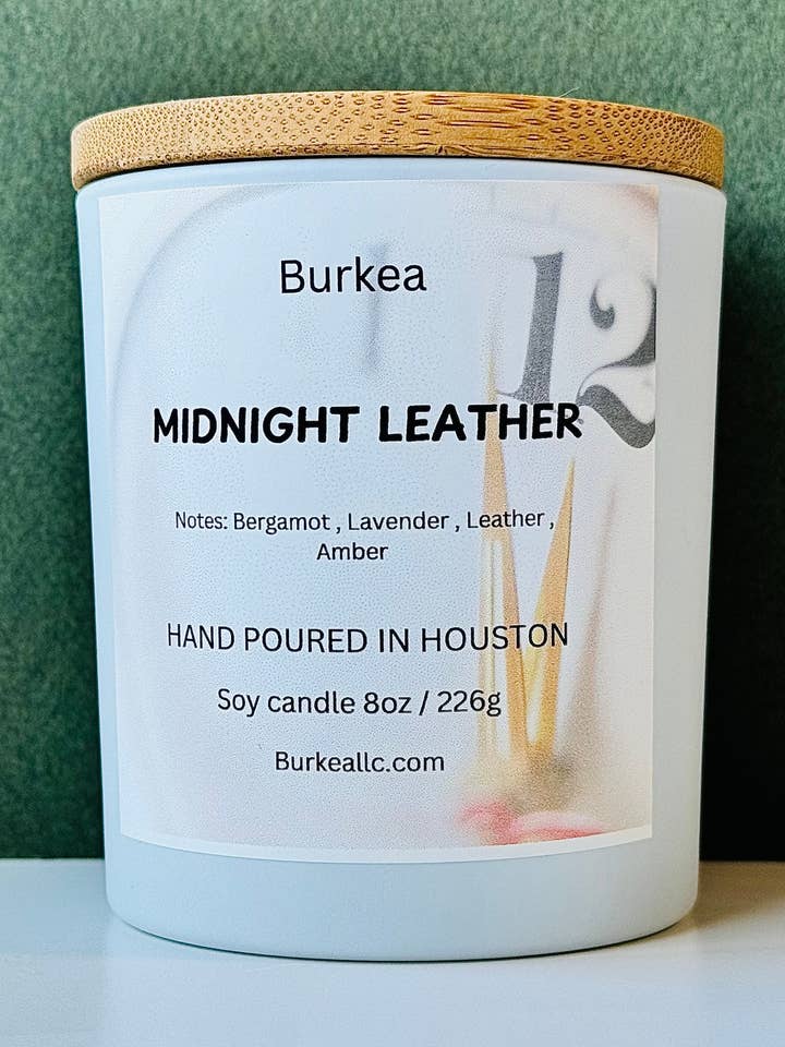 Midnight Leather 8oz Soy Candle for wholesale by Burkea llc