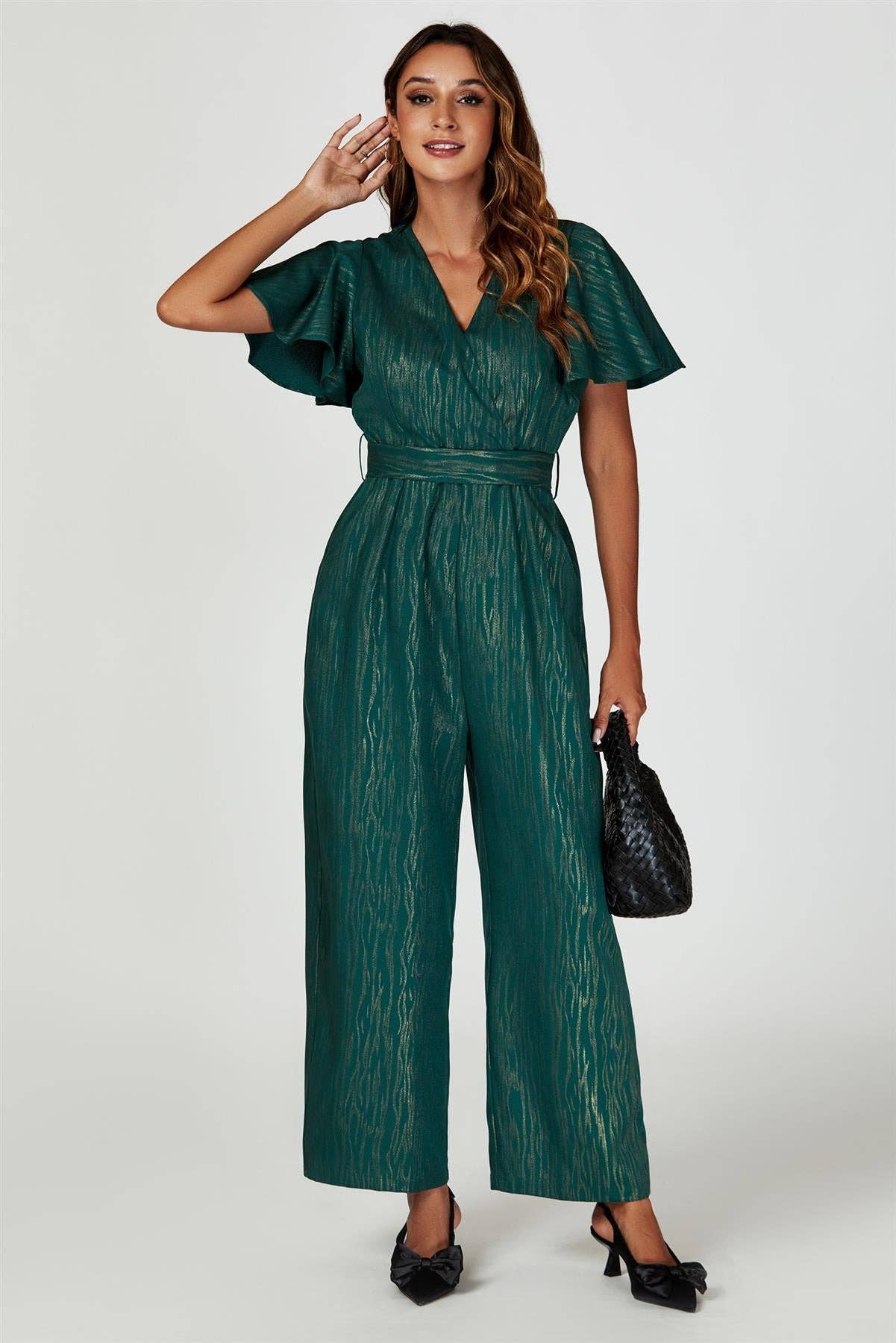 Gold Foil Print Wrap Top Jumpsuit In Green for wholesale on Faire3