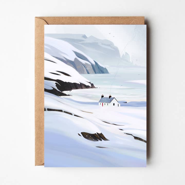 Winter in der Kearvaig Bothy, Gemütliche Hütte Grußkarten für den Großhandel von Sara Willia Landscapes