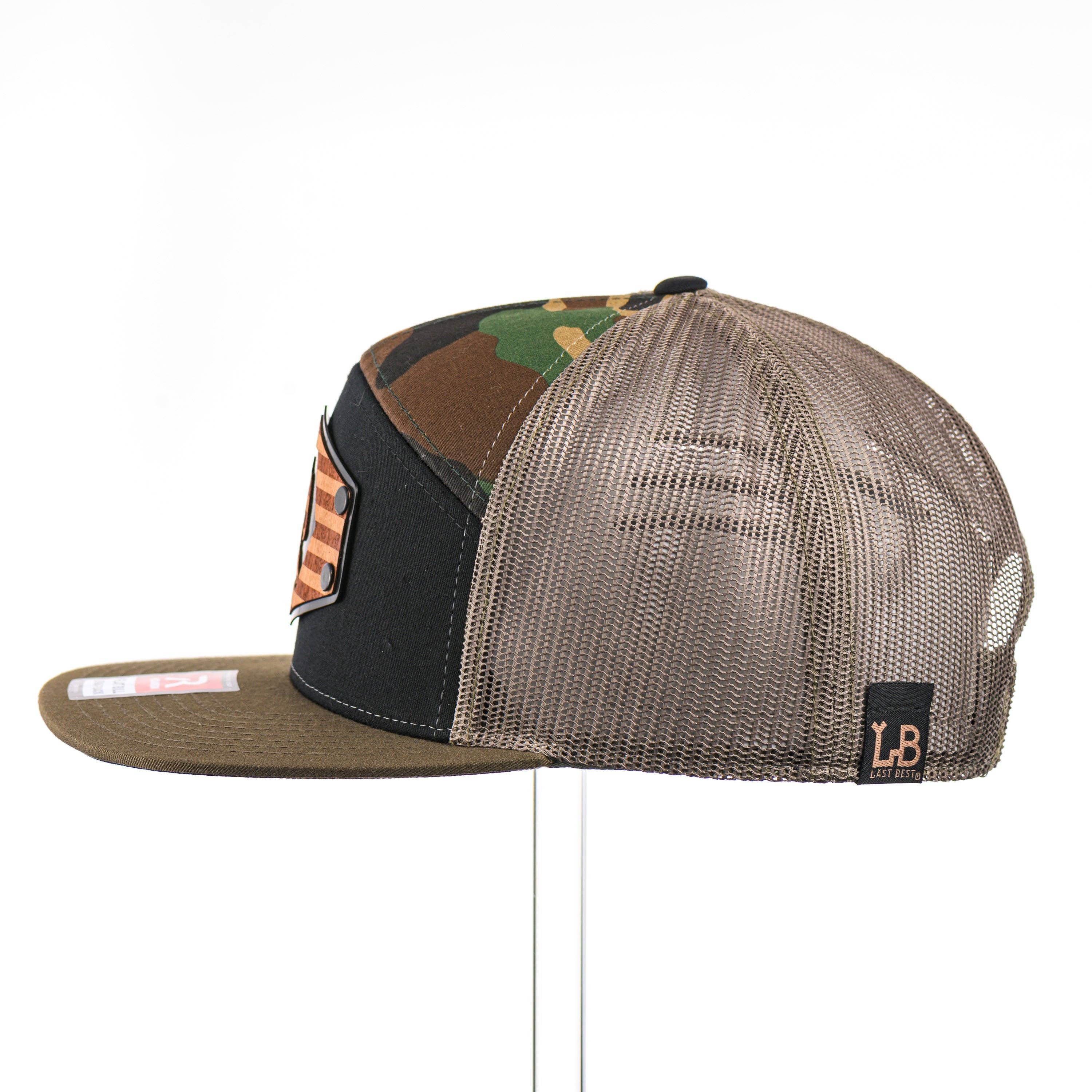 Last Best Supply Co - Wholesale Trucker Hat - Unisex - Mahogany Wood Bigfoot American Flag Patch Camo Flat Bill Hat2