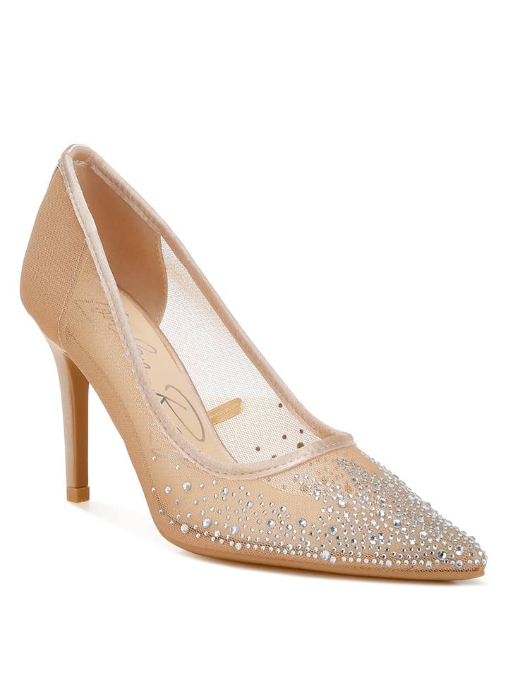 Escarpins Stiletto à mailles hautes en strass pour la vente par Rag Company