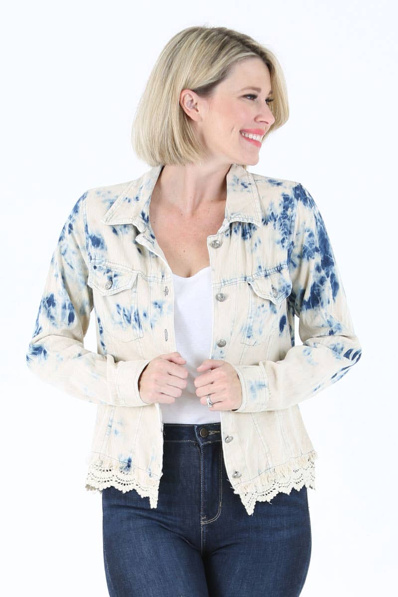 E2T83-ASIS BLEACH TIE DYE WASH DENIM JACKET WITH LACE HEM for wholesale on Faire11