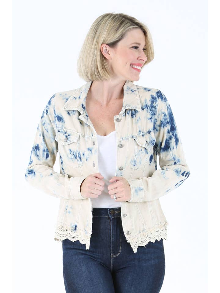 E2T83-ASIS BLEACH TIE DYE WASH DENIM JACKET WITH LACE HEM for wholesale on Faire11