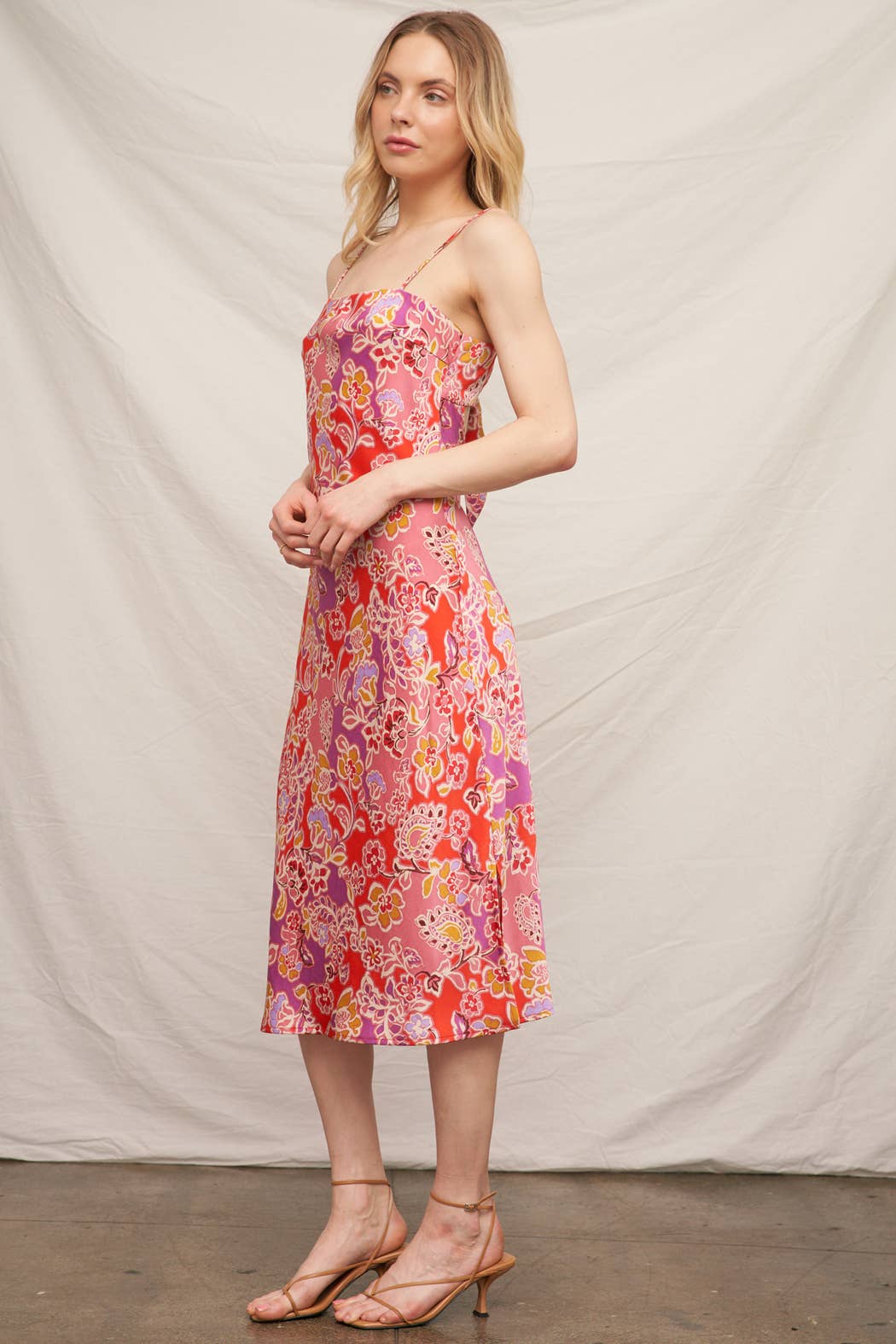 Pink Multi Sleeveless Floral Satin Midi Dress  for wholesale on Faire2