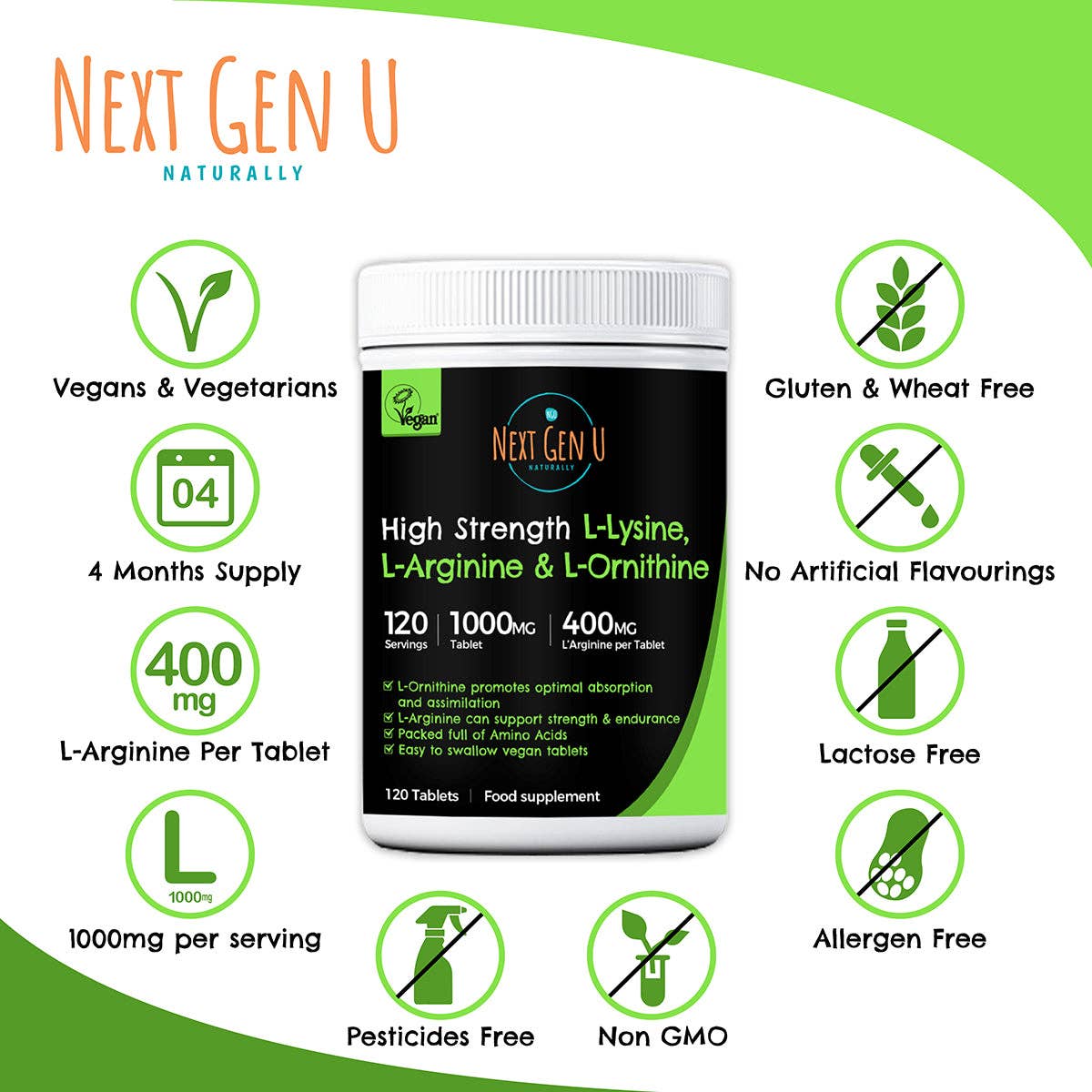 Next Gen U - Vente Supplément oral/vitamine - 120 comprimés de L-lysine, L-arginine et L-ornithine 1000 mg6