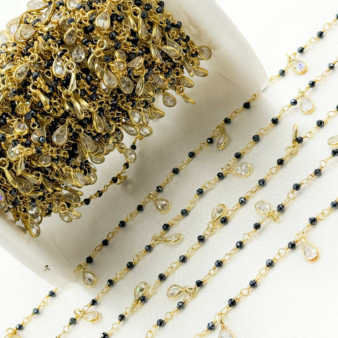 Tresor Jewelry Inc. - Wholesale Link & Chain Necklace - Coated Black Spinel & CZ Dangle Gold Plated Wire Chain. CBS193