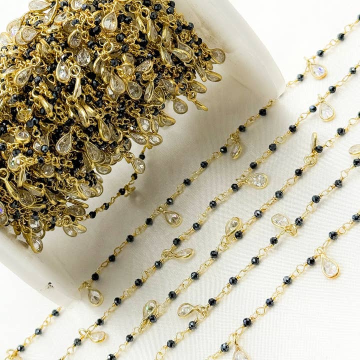 Tresor Jewelry Inc. - Wholesale Link & Chain Necklace - Coated Black Spinel & CZ Dangle Gold Plated Wire Chain. CBS193