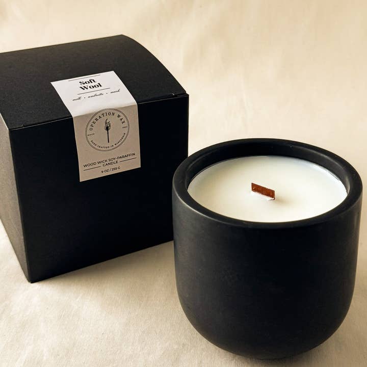 Soft Wool Scented Wood Wick Candle - Cement Jar, 9 oz for wholesale by Operation Wax