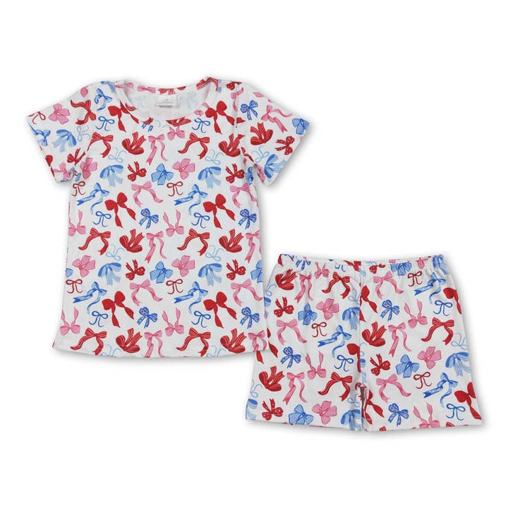 Yawoo Garments - Wholesale Top & Short Set - Kids - Short sleeves red blue bow girls 4th of july clothing
