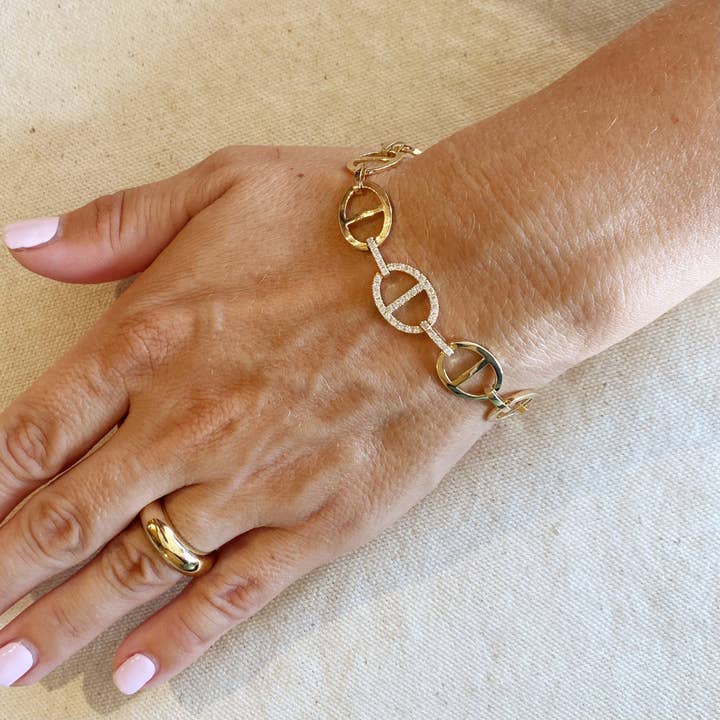 GoldFi - Wholesale Link & Chain Bracelet - Fancy Mariner Bracelet Cubic Zirconia Detail