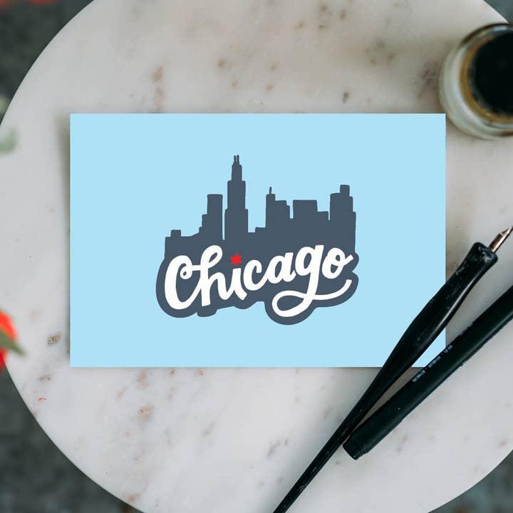 Chicago Skyline Postcard (Blue) for wholesale by Lettering Works