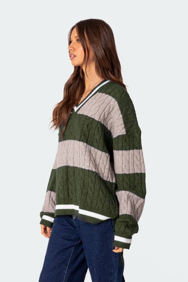 NINEXIS - Wholesale Knit Sweater - Women's - CWOSWL08090_V NECK STRIPED COLORBLOCK KNIT SWEATER9