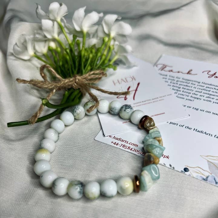 Men Bracelet, White Howlite and Amazonite Beaded Stretch for wholesale by Hadi Craft