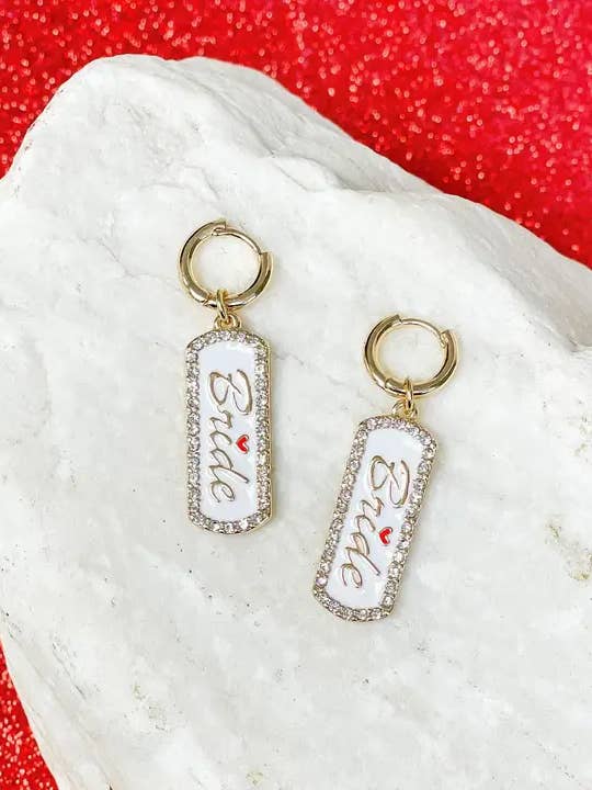 'Bride' Ticket Huggie Hoop Dangle Earring for wholesale by Prep Obsessed Wholesale