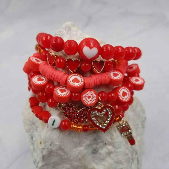 Valentine's Day Red Heart Heishi Bead Bracelet Set Of 6 for wholesale by The Pretty Jewellery