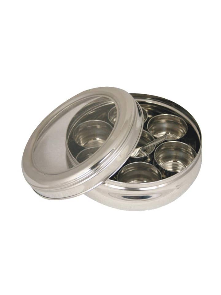 STAINLESS STEEL MASALA ( SPICE BOX WITH SPOON (7.5”) for wholesale by Ancientveda