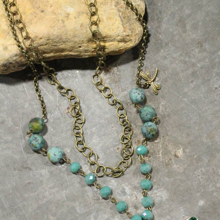 The Primitive Peddler, Inc. - Wholesale Pendant/Charm Necklace - Silent Whispers Dragonfly Bling Shades Of Green Layered Necklace
