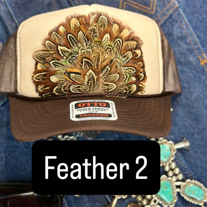 High Ho Silversmithing - Wholesale Trucker Hat - Women's - BROWN AND TAN FEATHER TRUCKER HAT1