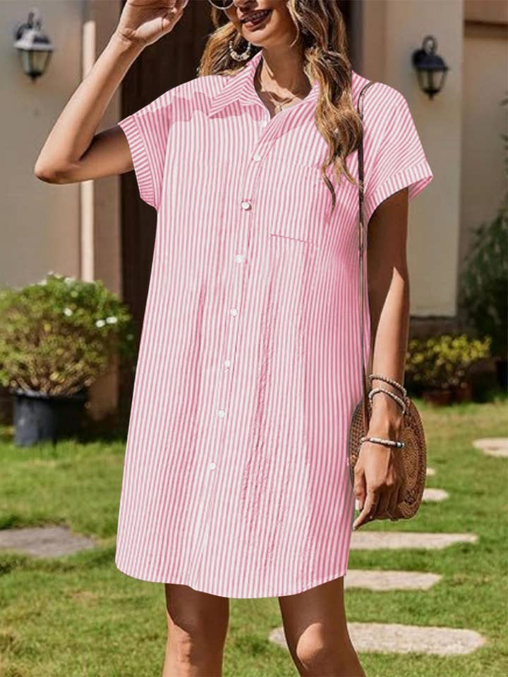 Short-sleeved loose striped shirt dress for wholesale by Rosa Clothing