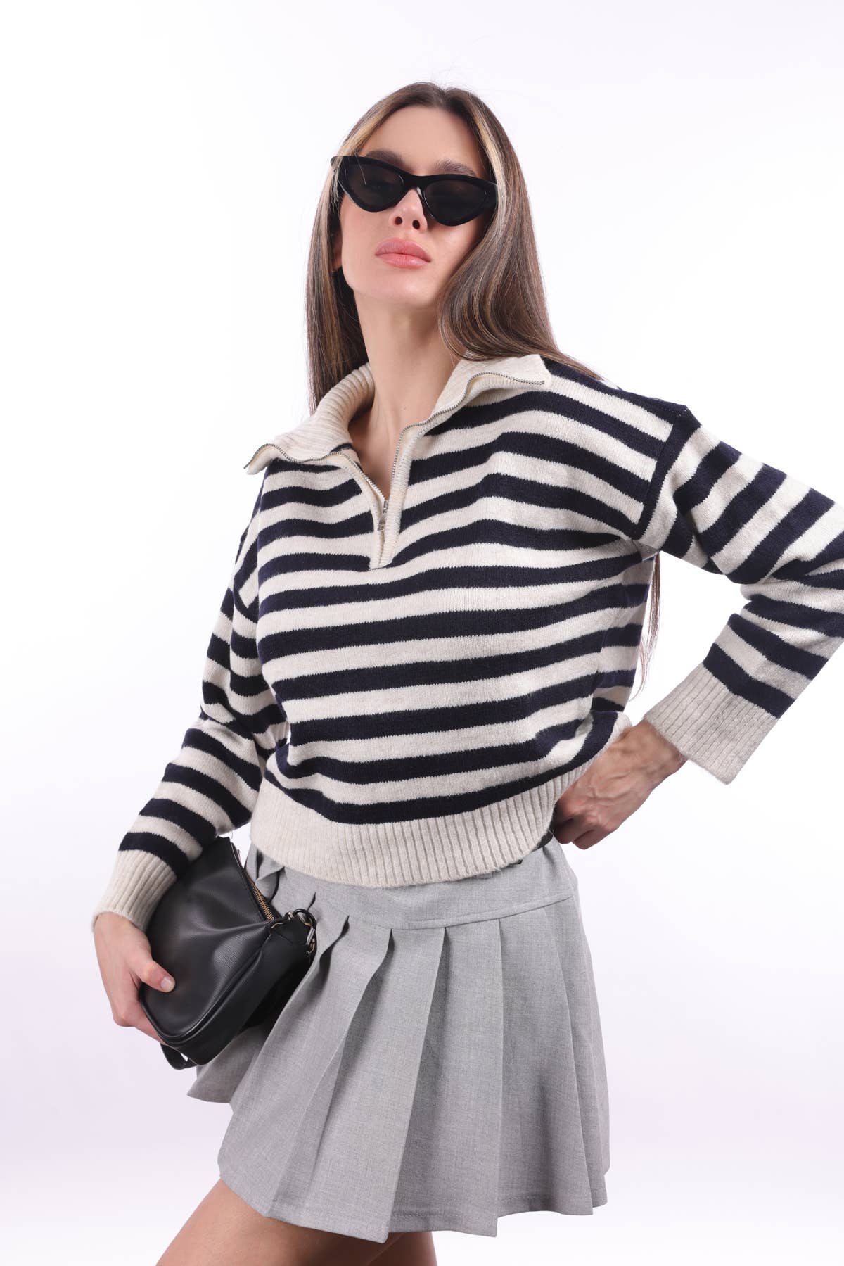 My 9Teen - Wholesale Knit Sweater - Women's - Striped Zippered Knit Sweater2
