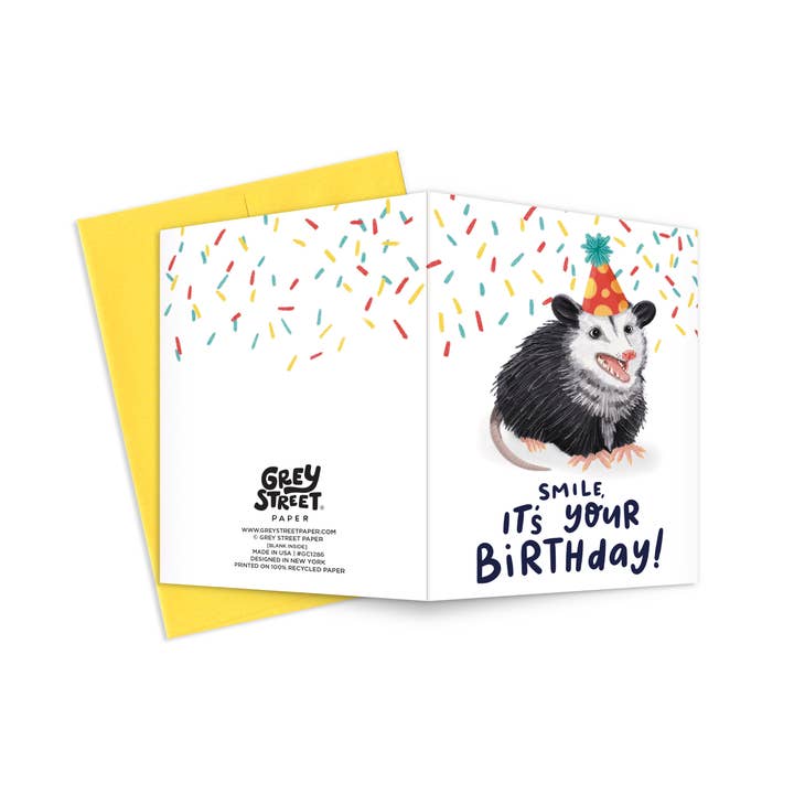 Grey Street Paper - Venta al por mayor Tarjetas de cumpleaños - ¡Sonríe! Tarjeta de felicitación de cumpleaños con texto en inglés «It's Your Birthday Opossum»2
