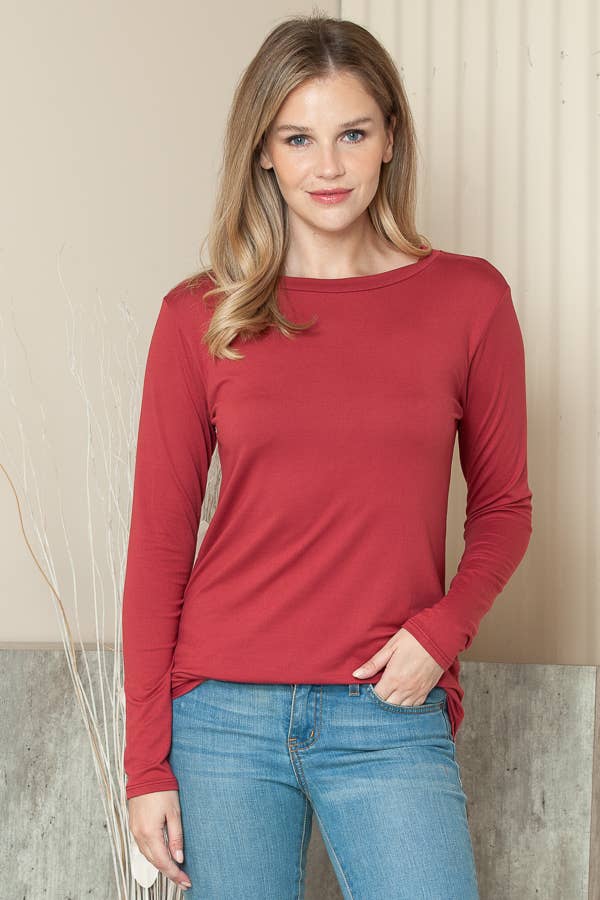 Burgundy Apparel - Vente Tunique – femme - NOUVEAU HAUT BASIQUE À MANCHES LONGUES AVEC BAS ARRONDI SOLIDE21