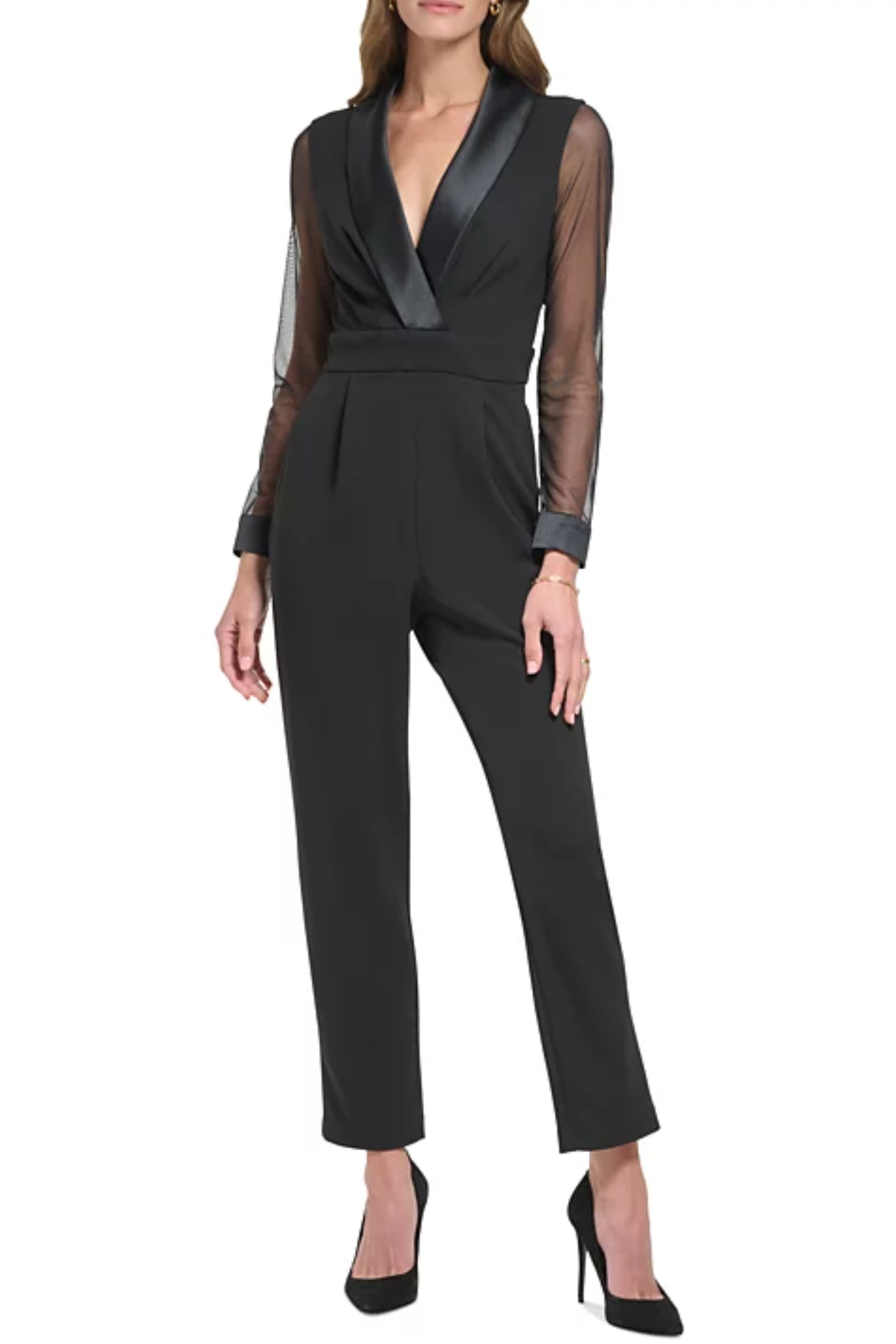 BLACK Jessica Howard Long Sheer Sleeve Tuxedo Jumpsuit for wholesale on Faire0