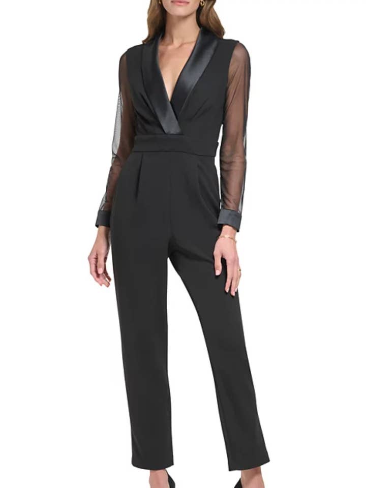 BLACK Jessica Howard Long Sheer Sleeve Tuxedo Jumpsuit for wholesale on Faire0