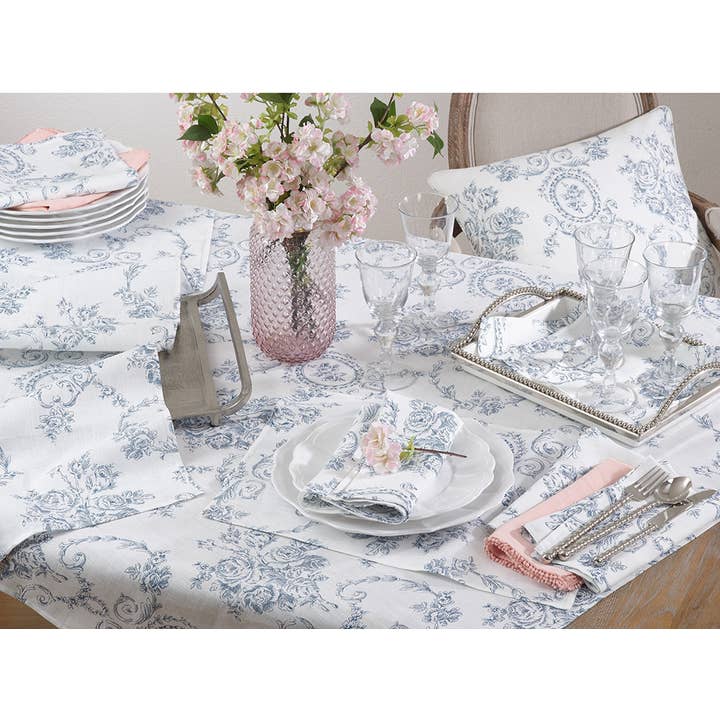 Fennco Styles - Wholesale Table runner - Indigo Toile Floral White Pure Linen Table Runner3