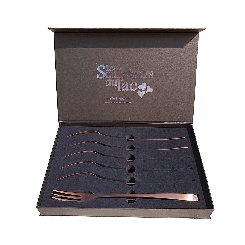 LES SCULPTEURS DU LAC – Garfo de mesa por atacado – Conjunto de 6 garfos de cobre fondue com veado gravado1