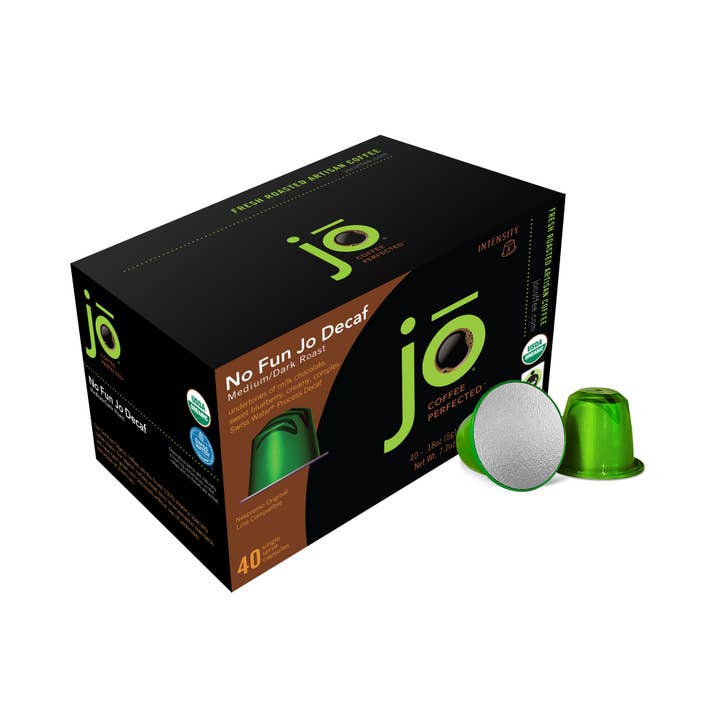 NO FUN JO DECAF: 40 ct Organic Nespresso Compatible Capsules for wholesale by Jo Coffee