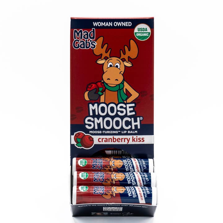 24pc Organic Moose Smooch Cranberry Kiss Lip Balm POP for wholesale by Mad Gab's