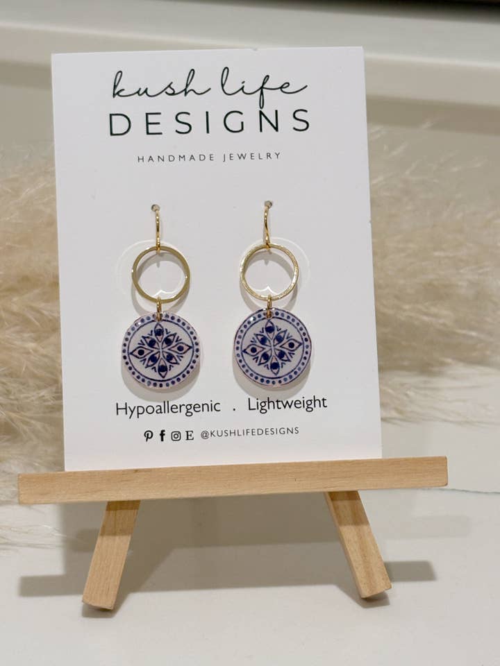 CLAY EARRINGS | Indigo Medallion Hoop Dangles for wholesale by Kush Life Designs