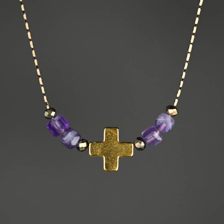 KBD Studio - Wholesale Pendant/Charm Necklace - Golden Hematite Cross w/ Gemstones on Delicate Chain Neck