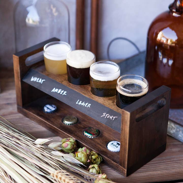 Acacia Wood Craft Beer Flight - Beverage Sampler Glass Gift Set for wholesale on Faire3
