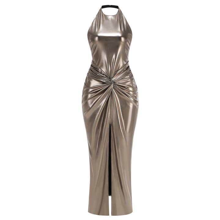 Color as pictures P1 Glamorous Champagne Gold Halter Neck Backless Slit Dress for wholesale on Faire4