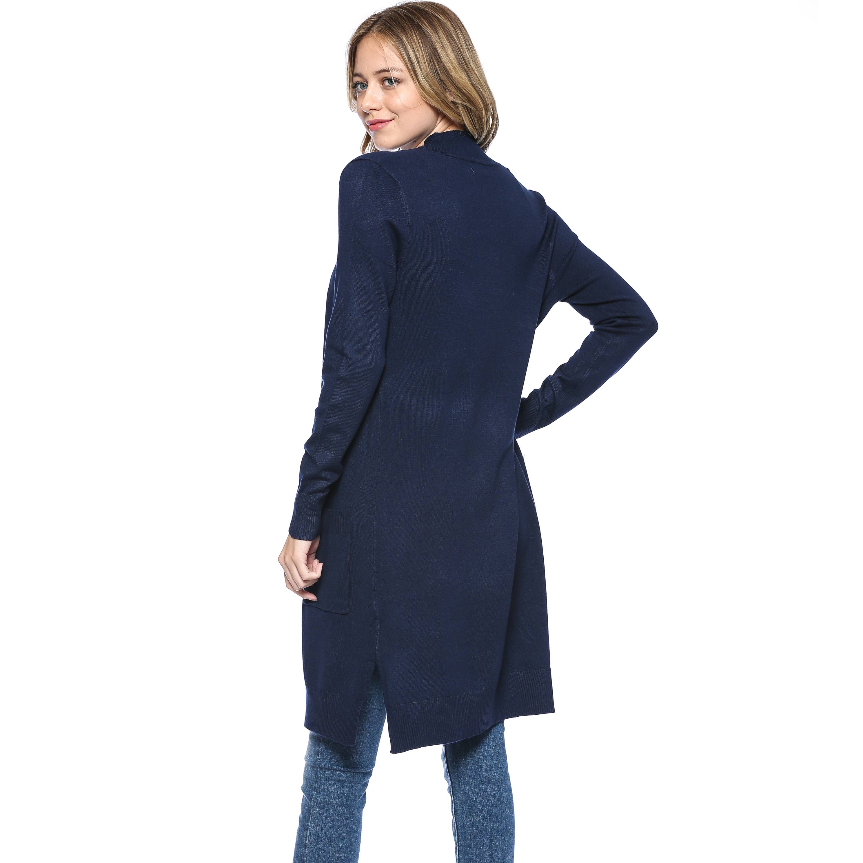 Urban Look - Wholesale Cardigan - Women's - Premium Open Front Pocket Duster Cardigan Navy Plus Size2
