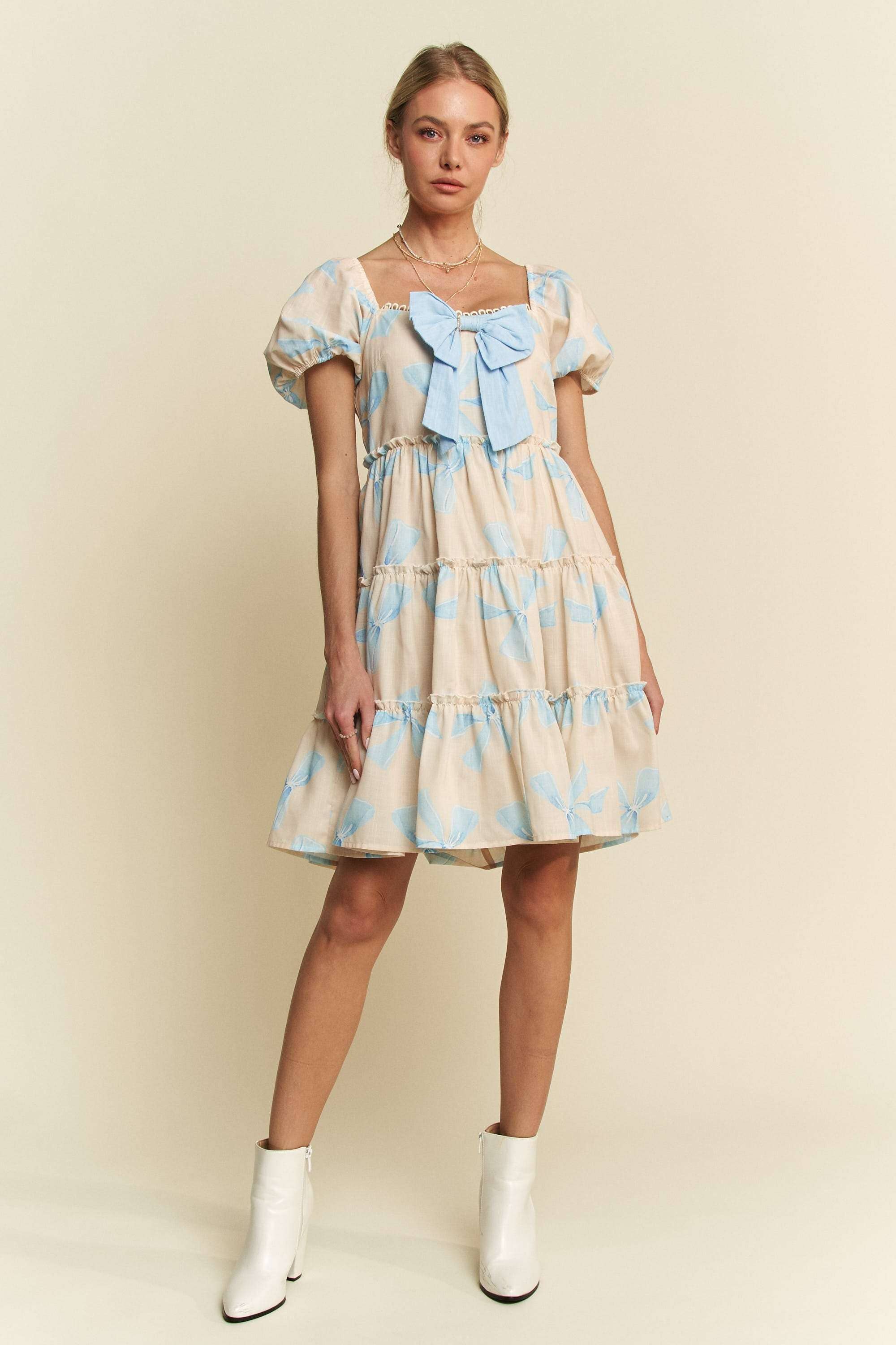 Davi & Dani - Wholesale Dress - Women's - BOW PRINTED PUFF SMOCKING BACK TIERED DRESS6