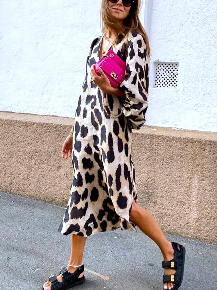 Chic Leopard Print V-Neck Batwing Sleeve Dress for wholesale on Faire2
