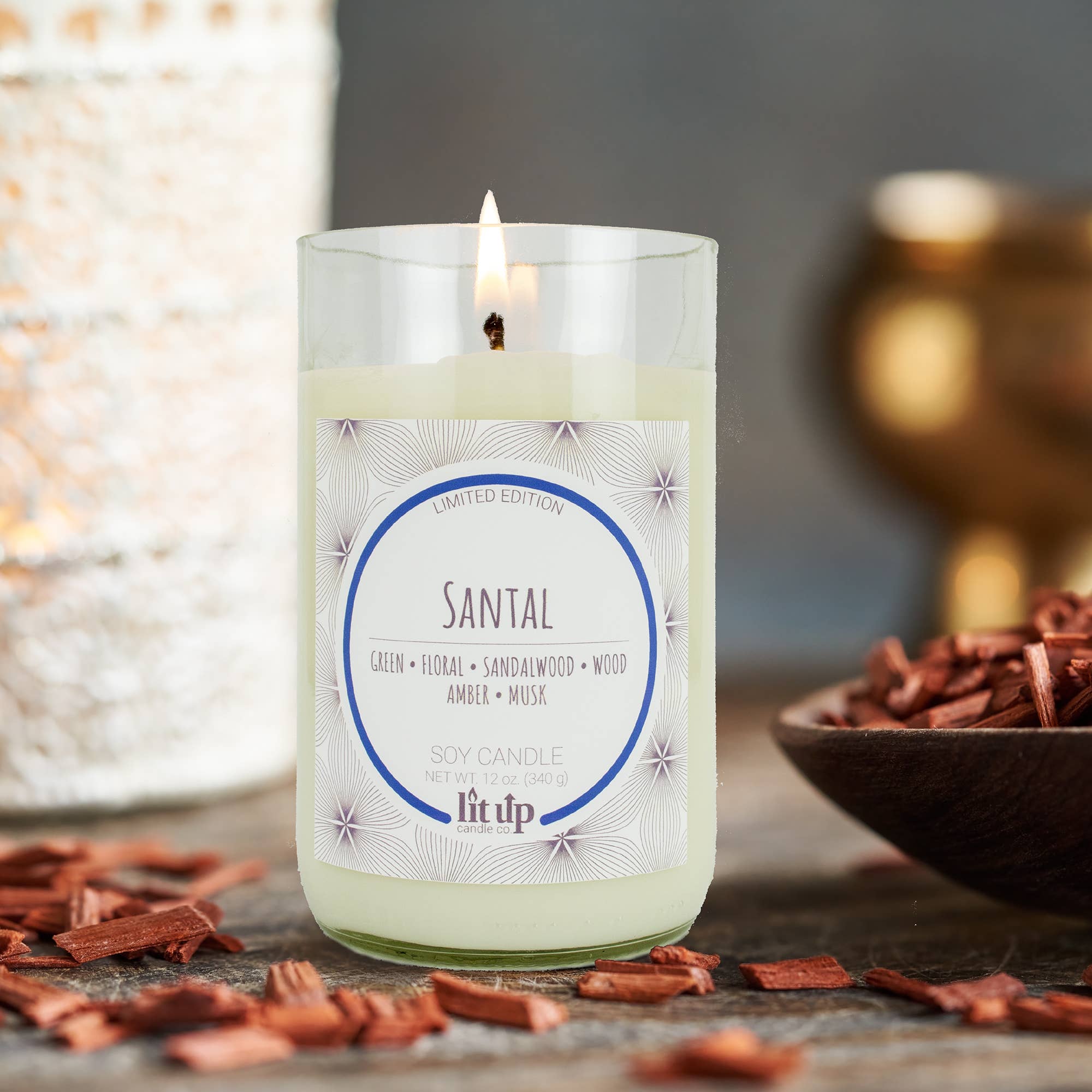 Lit Up Candle Co. – wholesale Jar/filled candle – Santal scented 12 oz. soy candles in upcycled wine bottles4