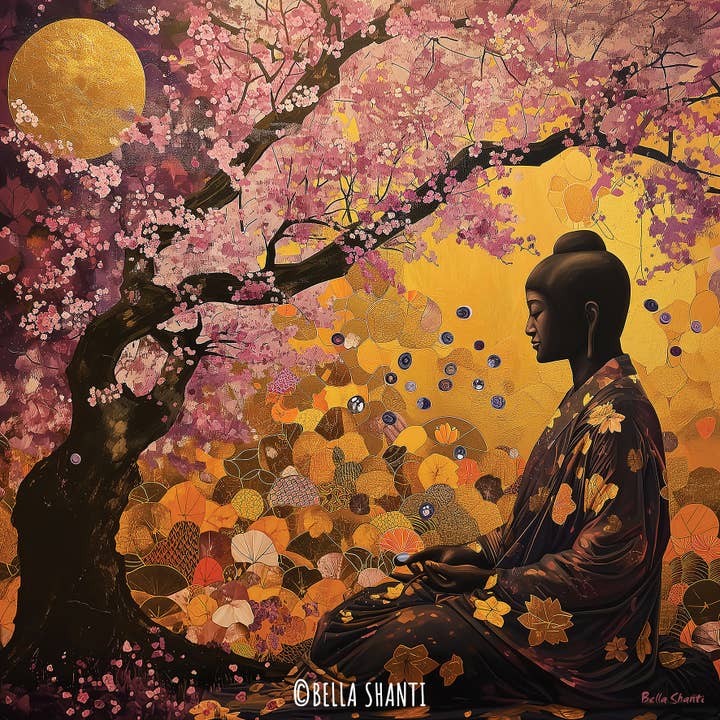 "BUDDHA MEDITATING UNDER THE SAKURA" wall art CANVAS PRINT for wholesale by Bella's Miracle Shop
