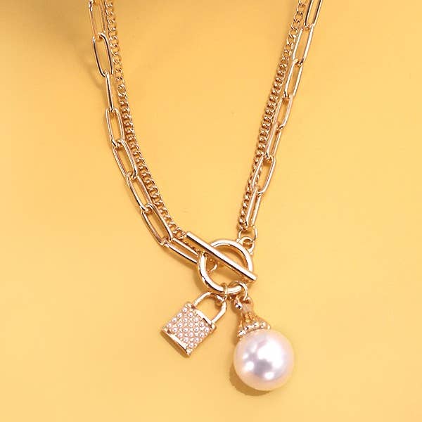 Gold PEARL LOCK CHARM DOUBLE LAYER TOGGLE NECKLACE | 31N24104NECK for wholesale on Faire