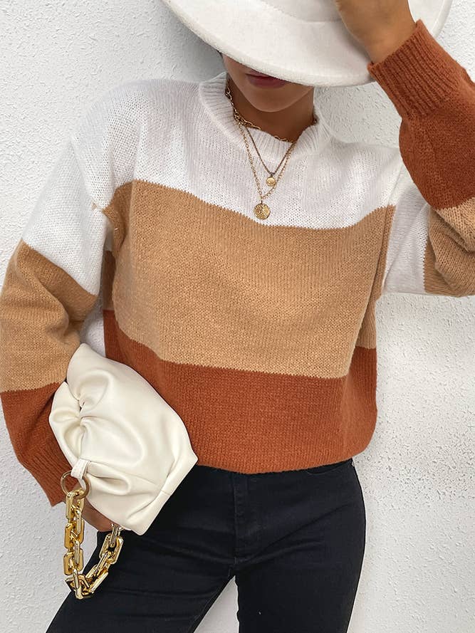 Brown Color Block Pullover Sweaters BFZY148 for wholesale by UNISHE