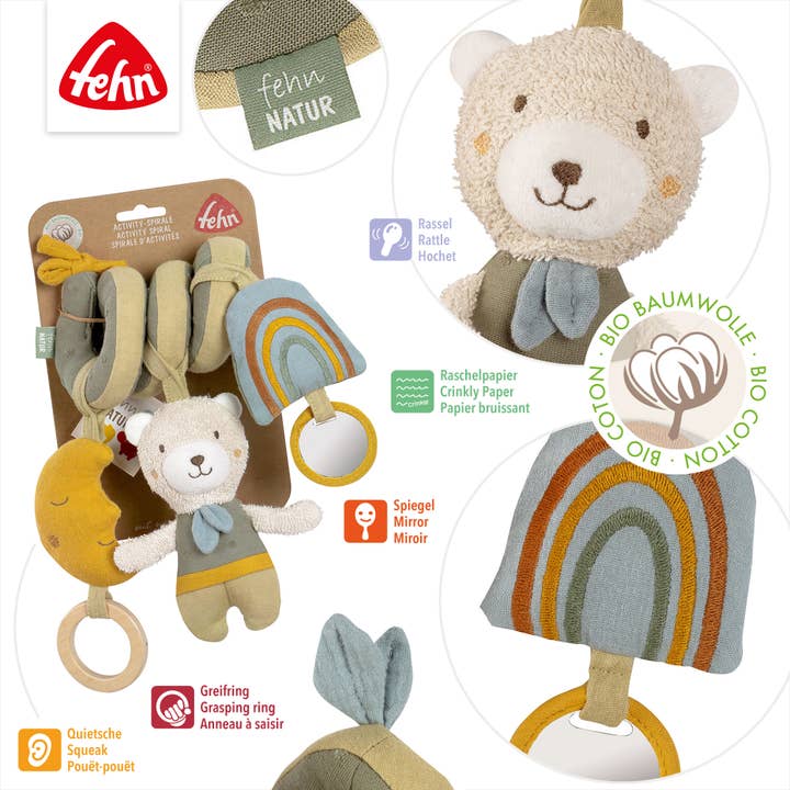 Fehn – Großhandel Hängerassel – Baby – Activity-Spirale Bär Fehnnatur - Stoff-Spirale mit Anhängern
