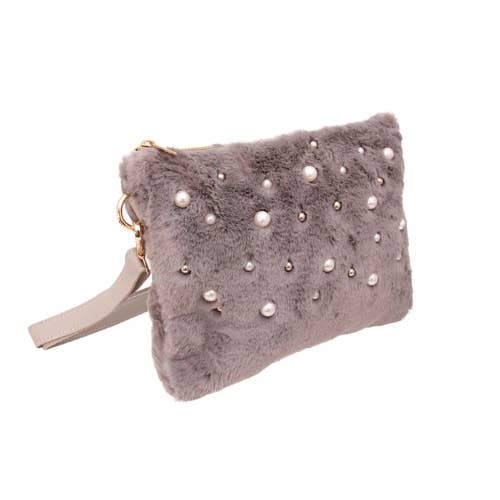Gray Faux Fur Crossbody Dog Treat Bag for wholesale by Bark Fifth Avenue