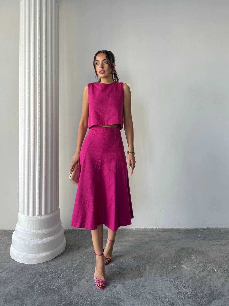 Design company-Fatma Balkir - Vente Ensemble haut et jupe - Femme - Ensemble élégant en lin avec jupe midi et blouse courte - Tailleur jupe5