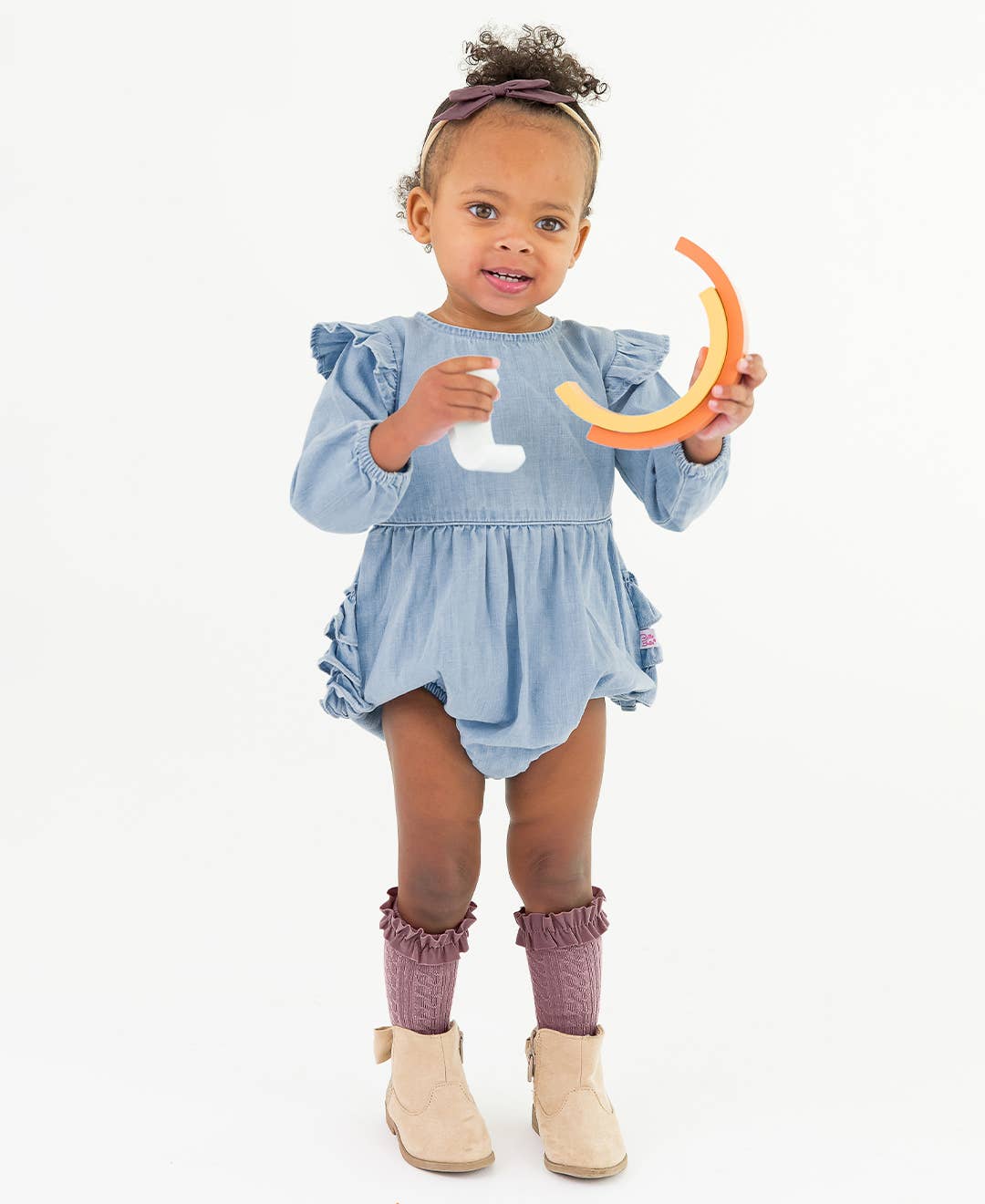Blue Baby Girls Light Wash Denim Long Sleeve Flutter Bubble Romper for wholesale on Faire8
