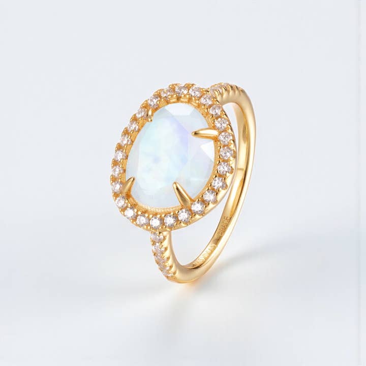 Skye Halo Moonstone Ring for wholesale by Vivian Grace Jewelry